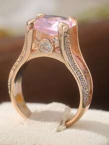 1pc Luxury Vintage Printed Ring, A Delicate Women's Ring Inlaid With Pink Synthetic Zirconia, An Aesthetically Engagement Ring - Gold - View 6