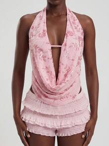 Blusa de vacaciones con cuello drapeado con cuentas y espalda descubierta con estampado floral para mujer - Rosa - Ver 7