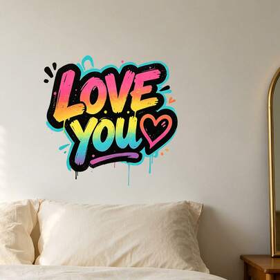 CHAILLY Hình dán tường graffiti đầy màu sắc "Love You", decal dán dễ bóc cho phòng ngủ và trang trí ngày Valentine.