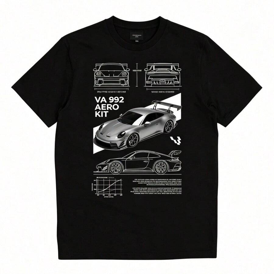 Men's Casual Graphic Print T-Shirt, Car Pattern, Men's Clothing, Men's T-Shirt, 911 GT2 RS Car Pattern, 100% Cotton, Soft And Comfortable, Autumn Top, Basic Unisex Style, Holiday Gift, Men's T-Shirt, Locally Made And Shipped, Men's Spring And Summer Clothing, The Perfect Gift For Your Boyfriend, Great For Street And Campus Wear. - Đen 3 - Xem 1