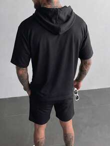 FRACTYR Men's Summer Casual Solid Color Hoodie And Drawstring Waist Shorts Set, Comfortable And Breathable, Suitable For Summer Wear - Black - View 3