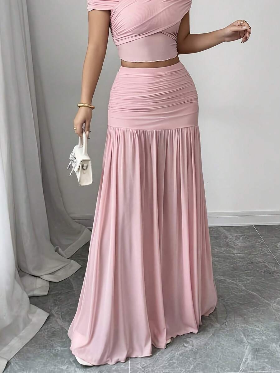 Spring Summer Autumn New High Waist Ruched Extra Long Skirt, Vacation & Commute Outfit - Pink - View 1