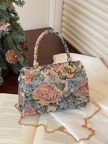 1 pieza Bolso de mano de mujer de jacquard para primavera/verano (patrón aleatorio), bolso de hombro/bandolera de moda con cadena, adecuado para ir al trabajo, compras, regalo - Multicolor - Ver 11