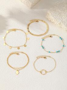 5pcs Luxury Minimalist Metal Turquoise Rhombus Pendant Anklet Set, European And American Fashion Summer Beach Vacation Style, Hot Selling High-Quality Foot Jewelry Suitable For Holiday Beach Wear - Yellow Gold - View 4