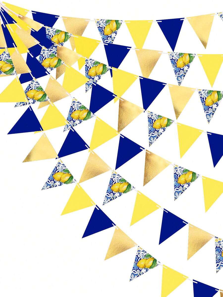 9.84ft/3 Meters Mediterranean Lemon Flag, Blue & Yellow Amalfi Coast Triangle Bunting Flags, Summer Beach Party Decor For Birthday, Baby Shower, Bridal Shower - Blue and Yellow - View 1