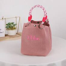 Bolso de mano pequeño de punto calado personalizado para niña, bolso cubo de tejido chic con asa superior, bolso tote cuadrado mini estructurado con detalle de anillo metálico - Multicolor - Ver 19