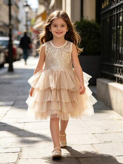 Vestido de fiesta para niña con cuello redondo, parches de lentejuelas y malla