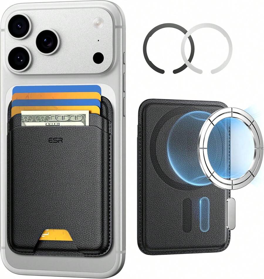 para portafolios MagSafe, soporte para 5 tarjetas, portafolios magnética para iPhone, bloqueo , con fuerza magnética de 3.200 g, piel vegano, delgado para iPhone 16/15/14/13/12, Negro - A1_Negro - Ver 1
