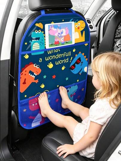 Organizador de banco traseiro para carro com estampa de dinossauro, suporte para tablet, tapete protetor e bolsos de armazenamento. Acessório de viagem infantil ideal para viagens de carro.