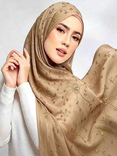 1pc New Style Island-Inspired Crinkle Scarf, Pure Color With Flower Embroidery, Women's Muslim Headscarf, Daily Use, Elegant, Sunscreen, Sunshade Shawl For The Beach