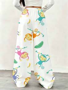 Adorable Wide-Leg Pants Featuring A Monkey Design For Women, Designed For Comfort With A Relaxed Fit.These Casual Sweatpants Come With A Drawstring Elastic Waistband And Showcase A Playful Animal Print, Perfect For Lounging At For Home Or Sleeping - Multicolor - View 2