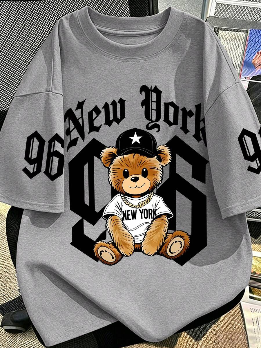 Boys' Cute Bear & "96" Graphic Round Neck Short Sleeve T-Shirt, Summer New Kids Printed Tee - Grey - View 1