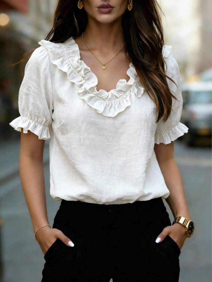 Blusa de mujer de unicolor con cuello en V y manga corta, con volantes plisados en el cuello y las mangas - Blusa bohemia de vacaciones, adecuada para uso casual, en casa, diario, vacaciones y viajes, primavera/verano/otoño blanco - Blanco - Ver 1