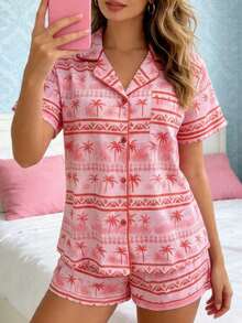 Womens Summer Pajamas Set Coconut Tree Print Button Down Short Sleeve Tops With Shorts Lounge Wear 2 Pcs Set - Pink - View 7