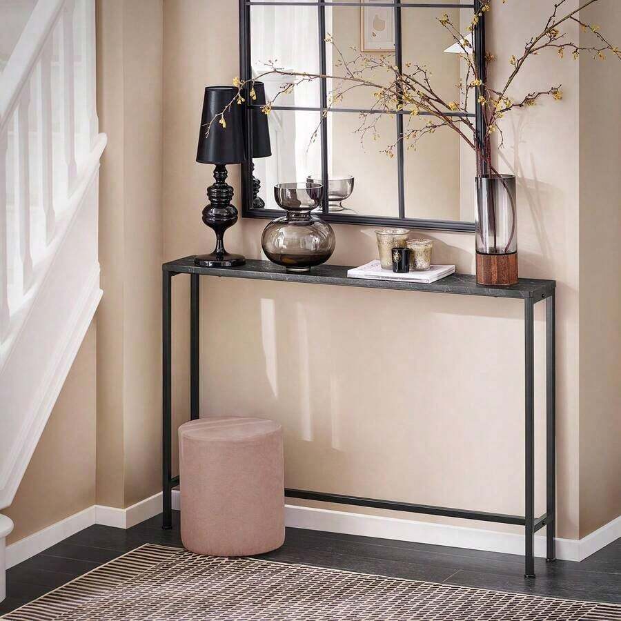 Moderner Konsolentisch, schmaler Flurtisch, Sofatisch mit Marmoreffekt-Oberfläche und Metallrahmen für den Eingangsbereich des Wohnzimmers, 100x20x66 cm, Schwarz - Schwarz - Übersicht 1