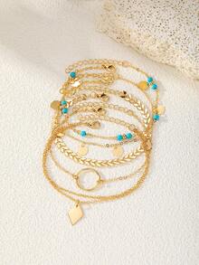 5pcs Luxury Minimalist Metal Turquoise Rhombus Pendant Anklet Set, European And American Fashion Summer Beach Vacation Style, Hot Selling High-Quality Foot Jewelry Suitable For Holiday Beach Wear - Yellow Gold - View 3