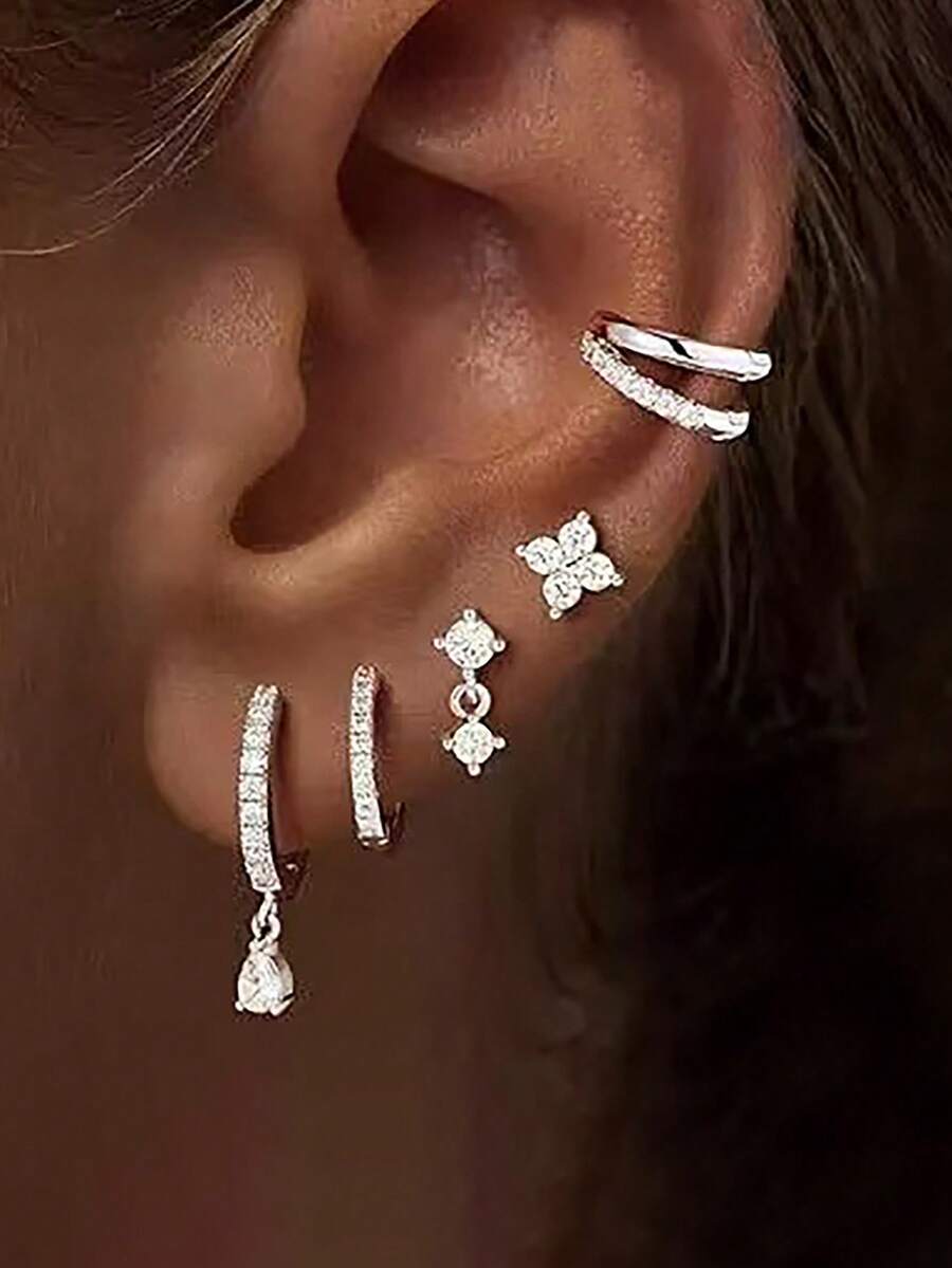 5PCS Elegant Light Luxury Water Drop Earrings Sets For Women Zirconia Flower Stud Earring Unique Delicate Daily Jewelry - 5PCS-silver - View 1