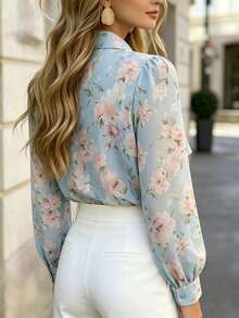 Elegant Women's Long Sleeve Ditsy Floral Ruffle Front Button Pearl Decor Semi-Sheer Chiffon Blouse Vacation - Baby Blue - View 3
