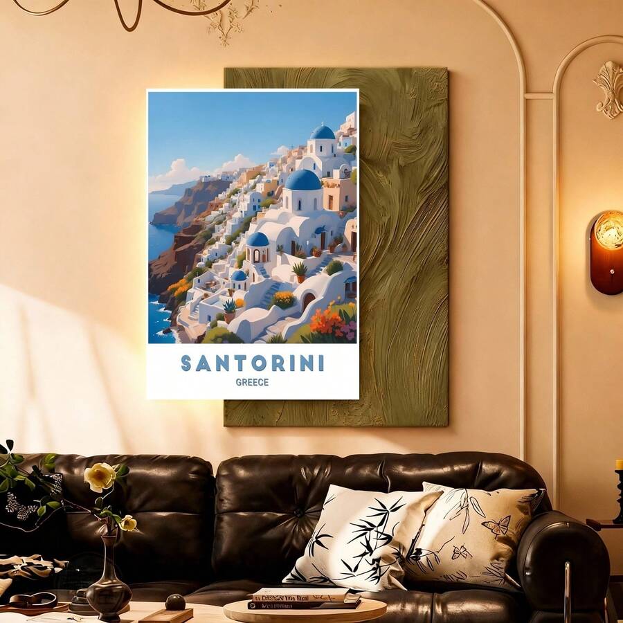 Con marco Decoración de pared moderna, Paisaje de la isla de Santorini, enmarcado de , enmarcado para decoración del hogar, oficina, aula, El mejor regalo tanto para hombres como para mujeres, Adecuado para sala de estar, cocina, pasillo, dormitorio, baño, estudio, interior - Enmarcado - Ver 1