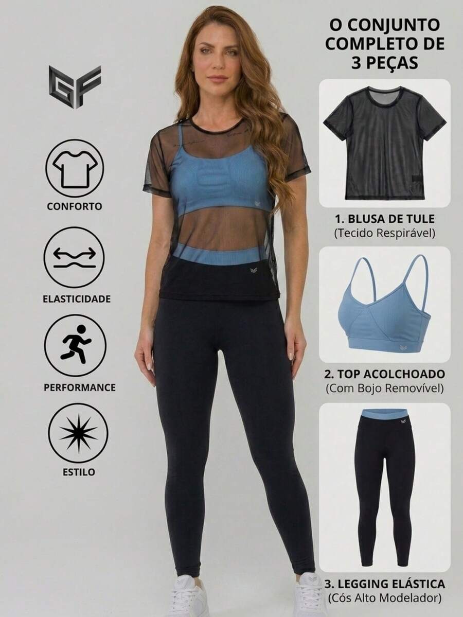Women's 3-Piece Gym Set | Padded Top + Leggings + Tulle Blouse – Comfort & Elegance, Stylish And Transparency-Free Women's Gym Outfit - 淺藍色 - 查看 1
