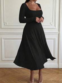Floreya Plus Size Elegant Casual Daily Commute Spring/Summer New Short Sleeve Fitted Dress, French Retro High-End Elegant Slimming Dress Black - Black - View 7