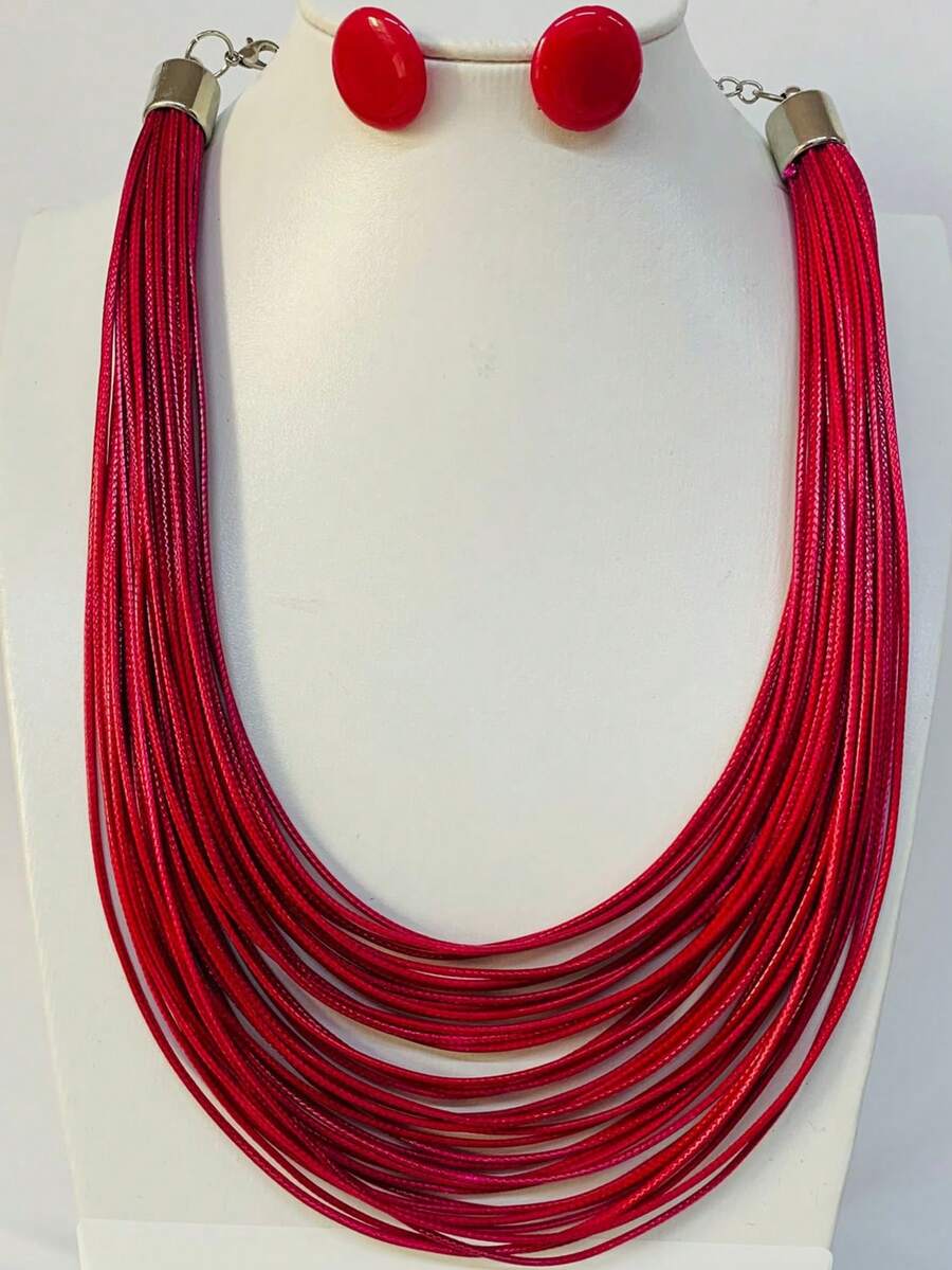 Maxi Waxed Multi-Strand Necklace Set With Button Earrings - 紅色 1 - 查看 1