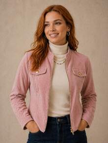 Women's Corduroy Jacket With Zipper, Casual Style, Elegant, Winter Fashion, Fluffy Velvet Zipper, Night, Vacation, School, Office, Daily. - 杏色 - 查看 5