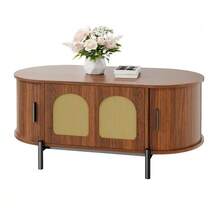 Oval Coffee Table With Rattan, Sliding Doors, Wood Look, Metal Legs, Multifunctional Living Room Table With Storage Space. - Brown - View 1
