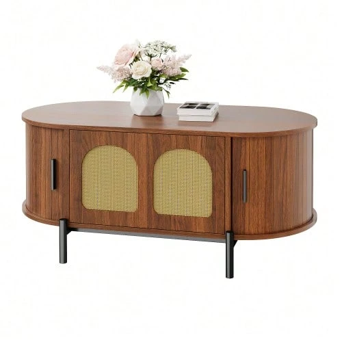 Oval Coffee Table With Rattan, Sliding Doors, Wood Look, Metal Legs, Multifunctional Living Room Table With Storage Space. - Brown - View 1