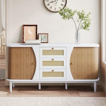 Sideboard, Rattan Chest Of Drawers, Chest With Sliding Doors, Adjustable Shelves, Curved Top.