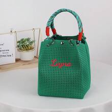 Bolso de mano pequeño de punto calado personalizado para niña, bolso cubo de tejido chic con asa superior, bolso tote cuadrado mini estructurado con detalle de anillo metálico - Multicolor - Ver 25