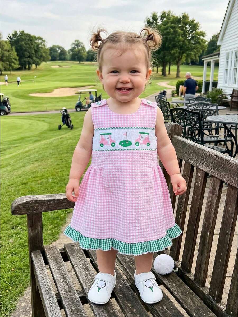 Vestido de tirantes para bebé niña, moderno, con bordado de golf, sin mangas, cuello redondo y estampado a cuadros. - Rosa - Ver 1