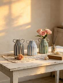 Multiple Black And White Striped Ceramic Vases, Suitable For Dining Table, Kitchen, Desk, Bookshelf, Bedroom, Aesthetic Home Decor, Modern Minimalist Bohemian Style Decorative Ceramic Vases - Stripe - View 6