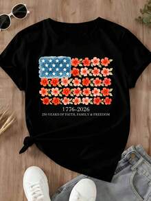 Independence Day Women Round Neck Plus Size T-Shirt Floral American Flag 1776 2026 250 Years Of Faith Family Freedom Design Casual Summer Wear - 黑色 - 查看 2