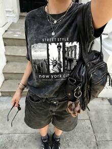 Áo thun ngắn tay in hình đồ họa thành phố New York, kiểu dáng đường phố cổ điển, màu đen. - màu đen - Xem 7