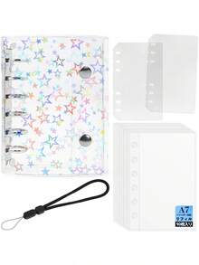 A7サイズ透明シール帳 - はがせるシールバインダー 専用ストラップ・PPシート2枚付き 10枚のシール台紙 3層構造 6穴タイプ 推し活グッズとして最適な星柄デザイン - 1個 - チェックする 3