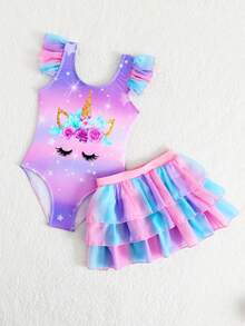 Bộ đồ bơi liền thân in họa tiết ombre cho bé gái, kèm váy sarong, thích hợp cho kỳ nghỉ, bãi biển và bơi lội. - Nhiều màu - Xem 1