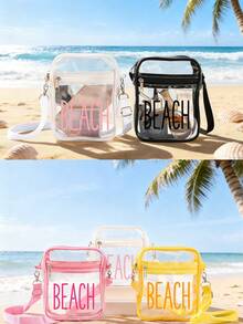 1pc Clear Crossbody Makeup Bag, Printed Beach Word ,Transparent Cosmetic Pouch With Adjustable Strap, Travel Toiletry Bag, Suitable For Vacations - Multicolor - View 4