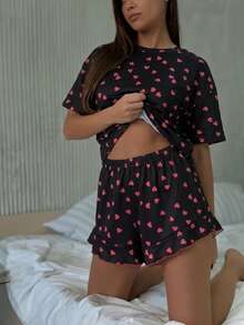 Conjunto de Pijama/Roupa de Descanso Feminino Solto com Estampa de Coração, Manga Curta e Shorts, 2 Peças, Primavera/Verão, Preto - Preto - Visão 3
