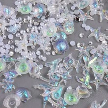 3D 極光海洋美甲裝飾套組，包含貝殼、海星、海螺、棕櫚樹、美人魚尾巴與銀色珠飾，閃亮 AB 樹脂美甲裝飾，適用於壓克力指甲、手機殼、樹脂手工藝、珠寶與夏季海灘美甲，適合美甲沙龍與 DIY 美甲愛好者美甲飾品 - 彩色 - 查看 3