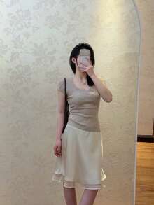 杏色醋酸緞面透視拼接垂墜新式裙 - 杏色 - 查看 3