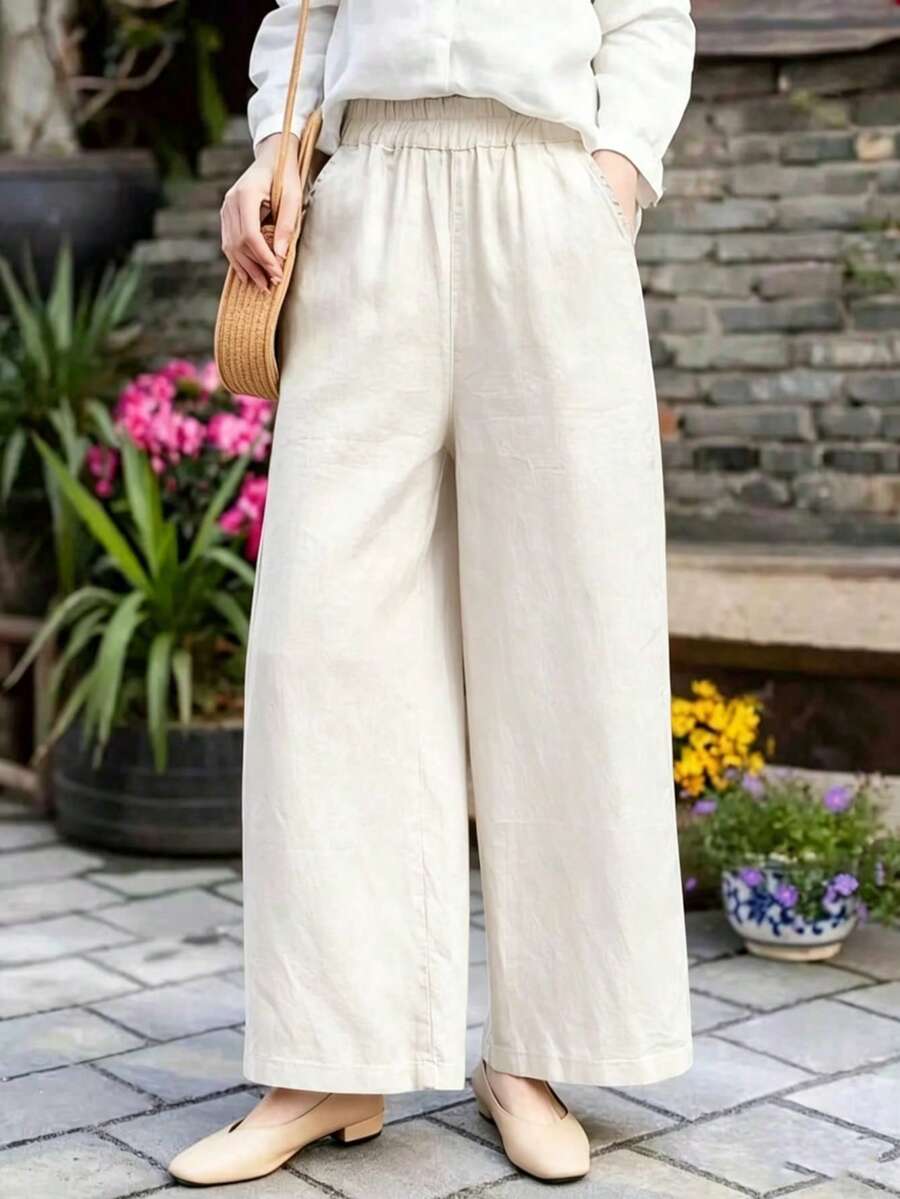 Quần ống rộng màu trơn kiểu thường ngày - Màu be - Xem 1
