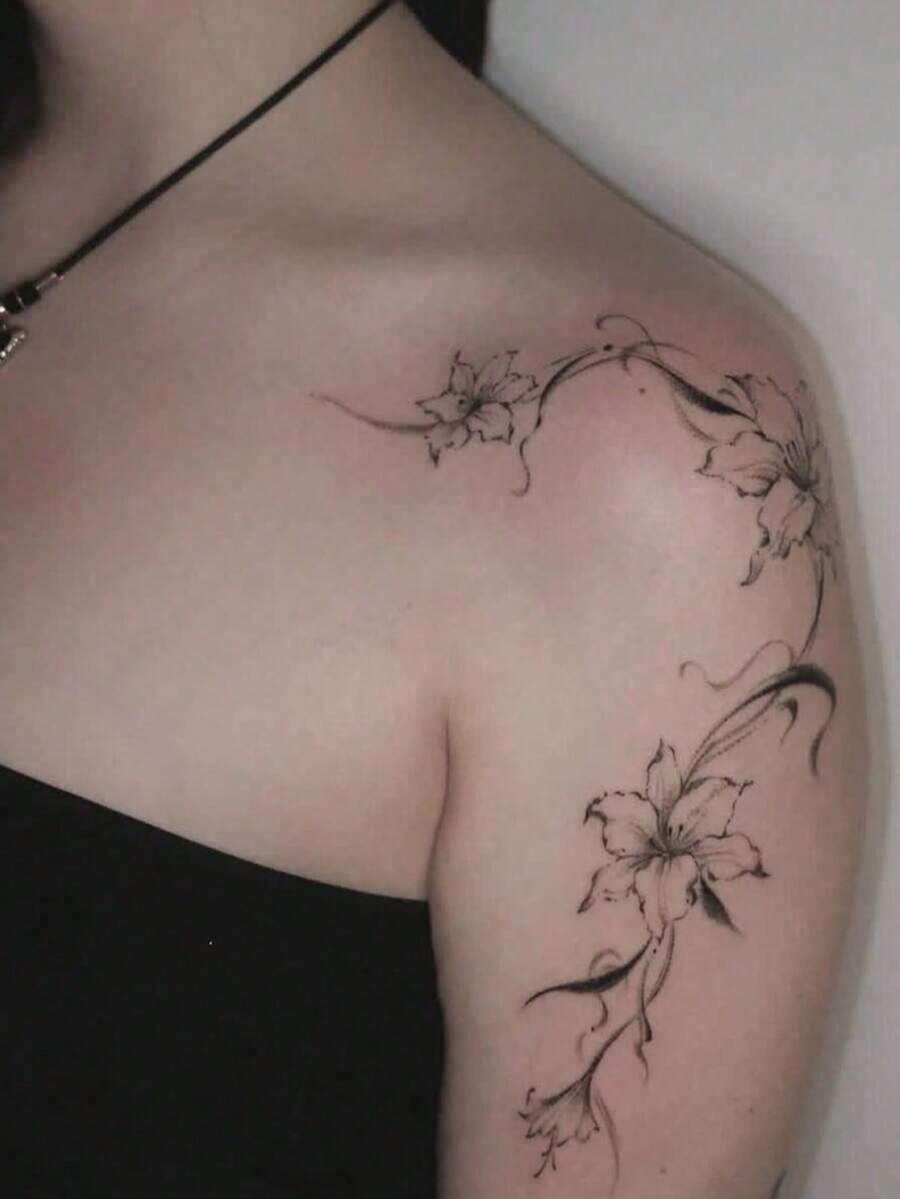 1张黑色百合花临时纹身贴纸,防水花卉图案,持久素描线条,适用于手臂、腿部、腰部、背部、脊柱等部位,素描风格 - 彩色 - 查看 1