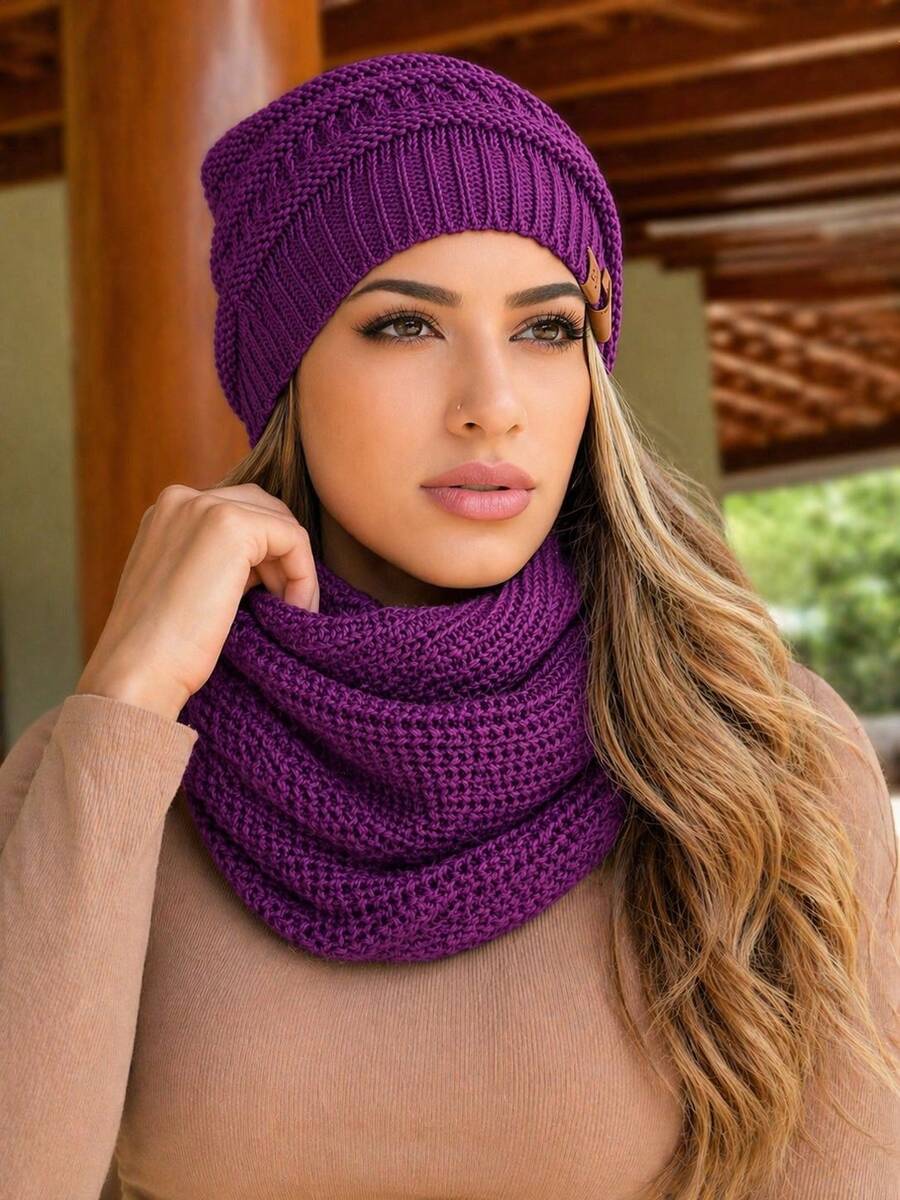Unisex Set: Beanie And Scarf, Soft Wool Infinity Knit, Winter Fashion - Morado Violeta - Ver 1