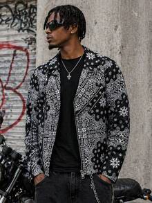 Men Zip Up Paisley Print Zipper Pocket PU Leather Biker Jacket Streetwear Fashion Fall Winter Date Night Outfit Keep Warm - 黑色 - 查看 1