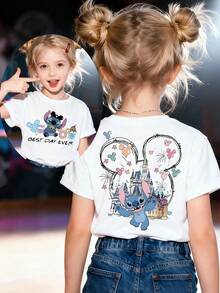 Disney Stitch And Mickey Mouse 100% Pure Cotton Children's T-Shirt, With Cartoon Print On Both Sides. This Casual-Style Children's T-Shirt Is Suitable For Both Boys And Girls, Making It An Ideal Choice For Christmas Parties And Everyday Outdoor Activities. - White - View 1