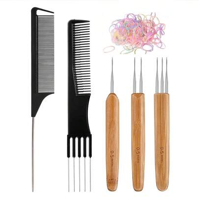 Bộ dụng cụ tết tóc dreadlock chuyên nghiệp, gồm lược chia 5 phần + lược chải tóc + kim móc cán gỗ + dây chun nhiều màu, bộ dụng cụ hoàn chỉnh cho tóc dreadlock, tóc tết hộp và tóc nối.
