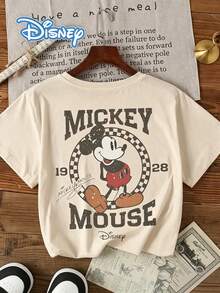 1pc Disney Mickey Mouse Playful Retro Emblem Tween Boys Fun T-Shirt - Comfortable & Lightweight, Ideal For School Days And Weekend Hangouts - Apricot - View 3