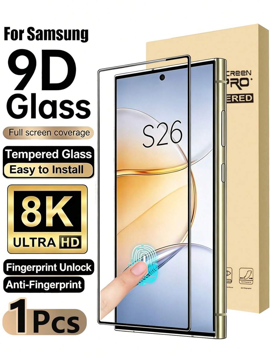單片鋼化玻璃螢幕保護貼，相容 S21 至 S26 系列，包含 Ultra、Plus 和 Edge。附絲印黑色邊框，9H AR 高畫質玻璃，支援指紋解鎖。防油防刮、全螢幕覆蓋無氣泡，易貼附且相容手機殼，日常必備螢幕保護貼