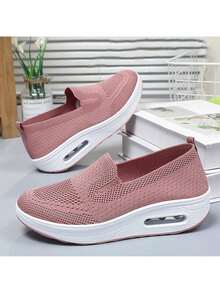 Women's Breathable Mesh Slip-On Air Cushion Walking Shoes, Comfortable Platform Wedge Sneakers, Casual Rocking Shoes For Daily Wear - 粉色 - 查看 2